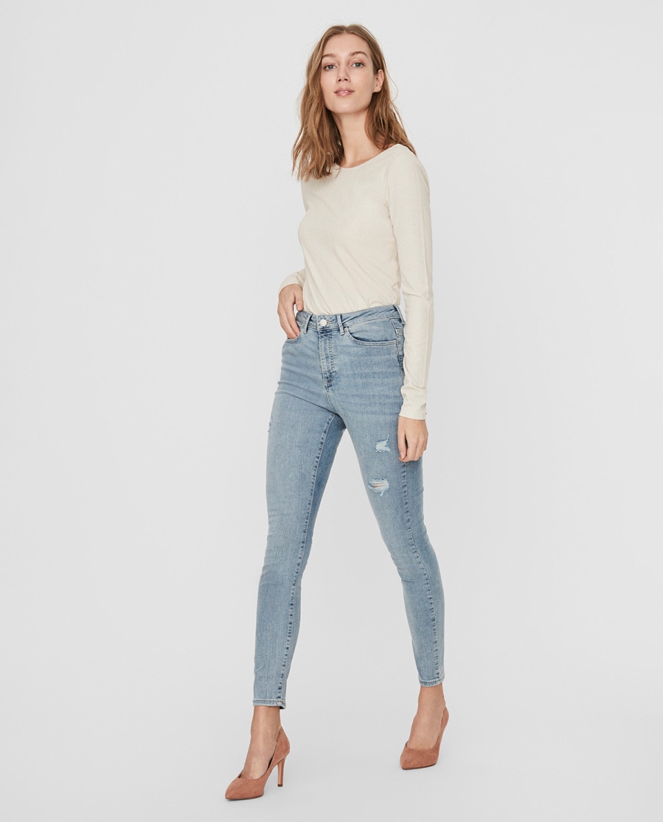 Jeans Skinny com Cintura Subida Azul-claro-1