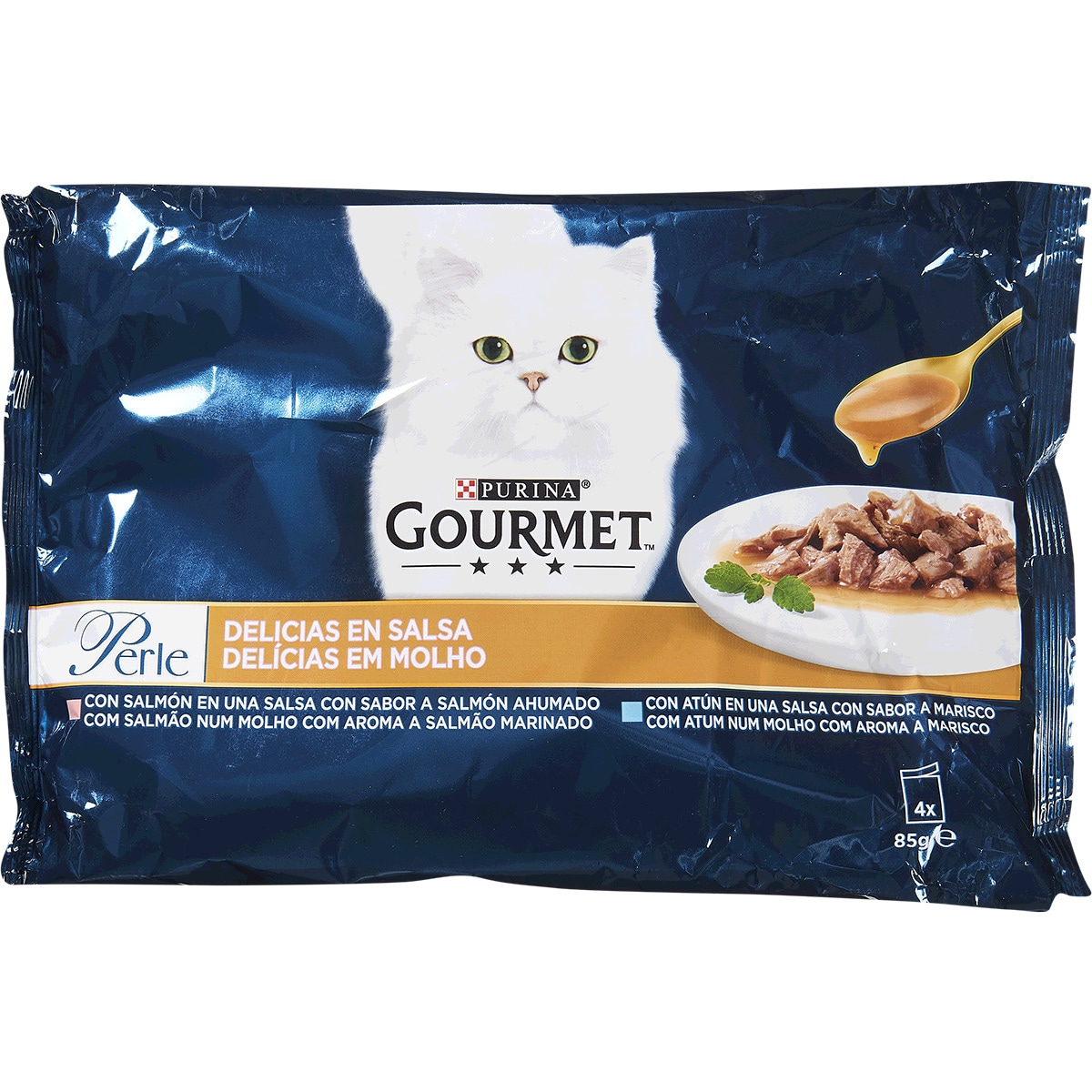 Comida Húmida para Gato Delícias em Molho com Atum e Salmão Pack 4 unidades embalagem 340 g