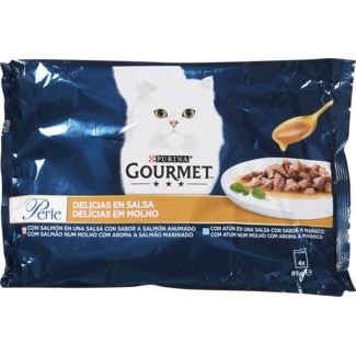 Comida Húmida para Gato Delícias em Molho com Atum e Salmão Pack 4 unidades embalagem 340 g - Gourmet Perle