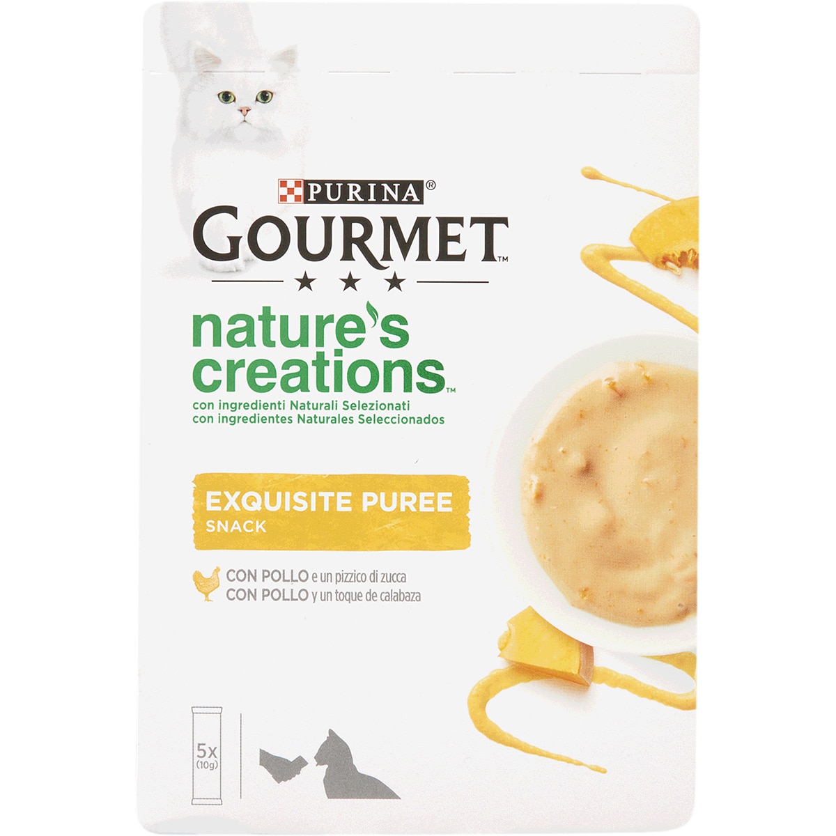 Gourmet Snack para Gato sabor Frango e Abóbora Pack 5 unidades embalagem 50 g