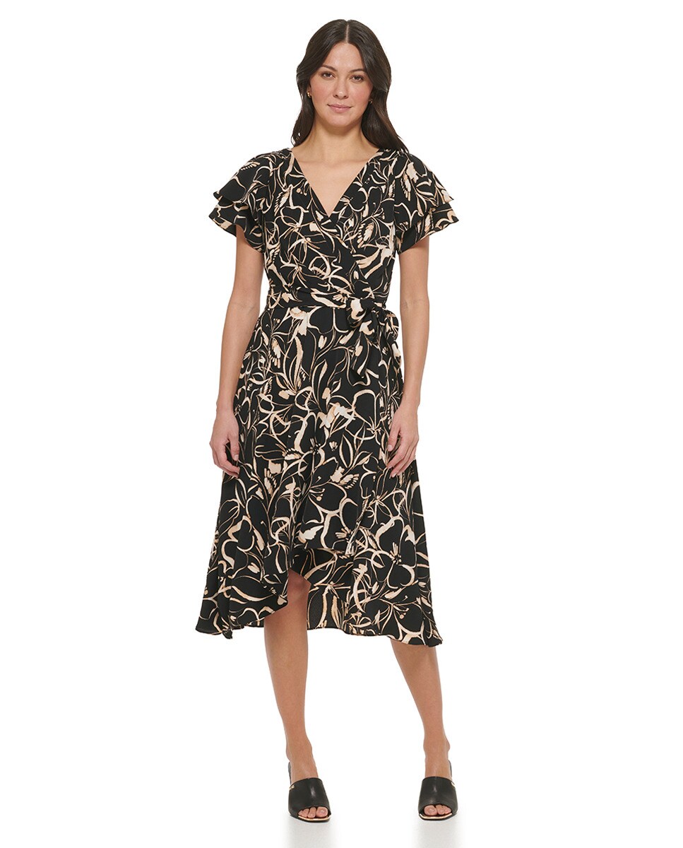 Robe midi à col en V et manches courtes