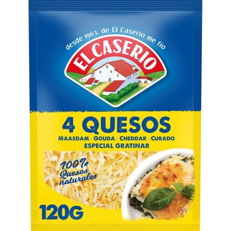 queso rallado 4 quesos especial para gratinar bolsa 120 g maasdam, gouda, cheddar y curado - El Caserio