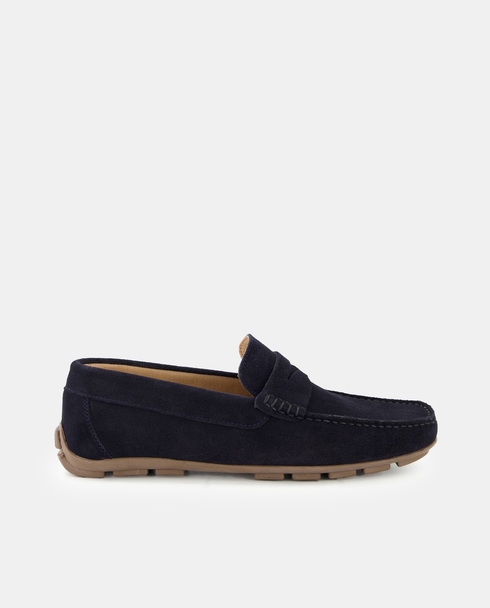 Mocasín de hombre de serraje con antifaz y piso de goma Azul marino-1