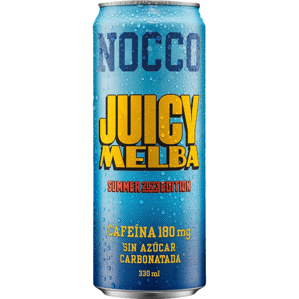bebida energética sabor Juicy Melba enriquecida con BCAA y 180 mg de cafeína sin azúcar lata 33 cl Summer 2023 Edition