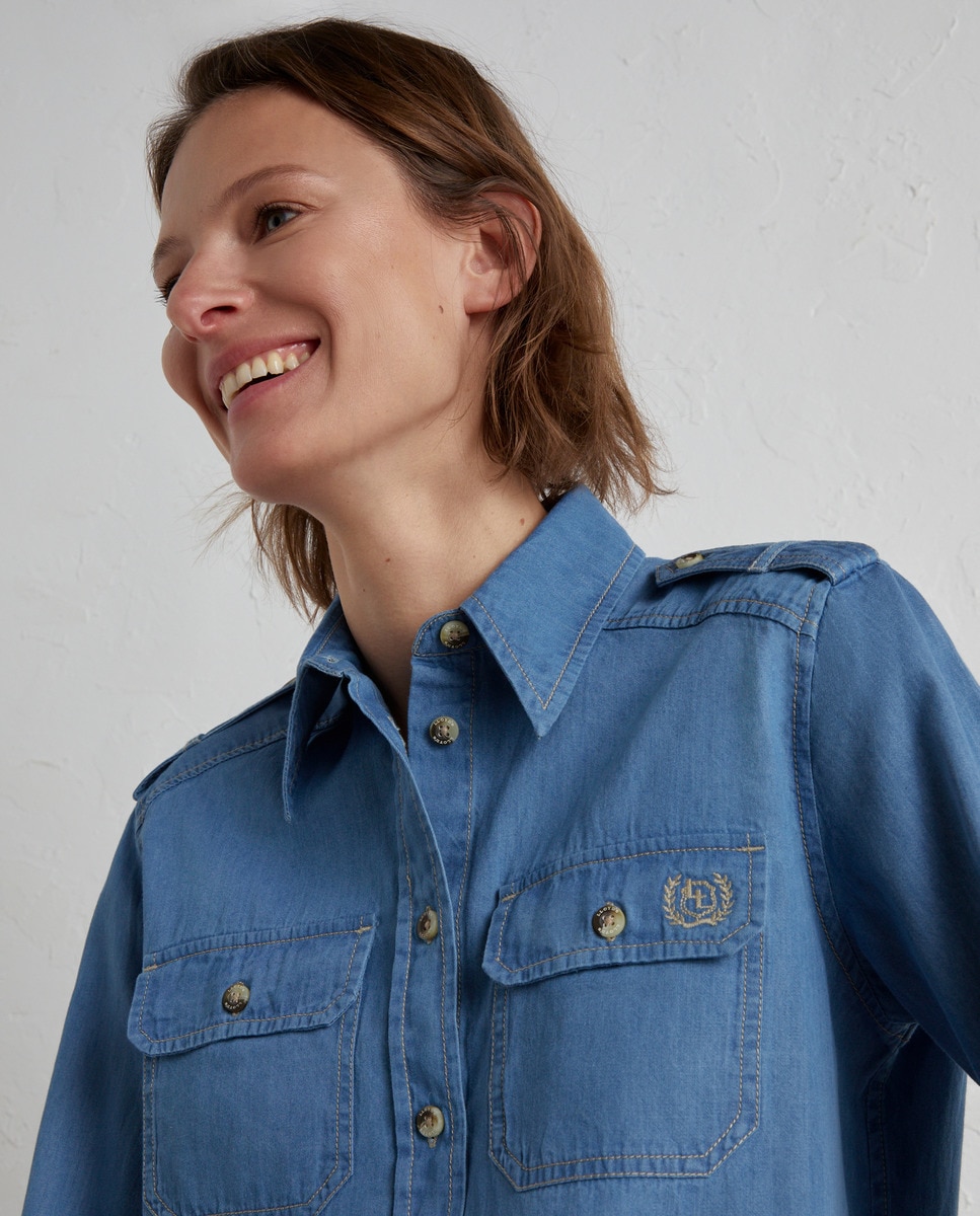 Blusa de Manga Curta com Bolsos à Frente Azul-6