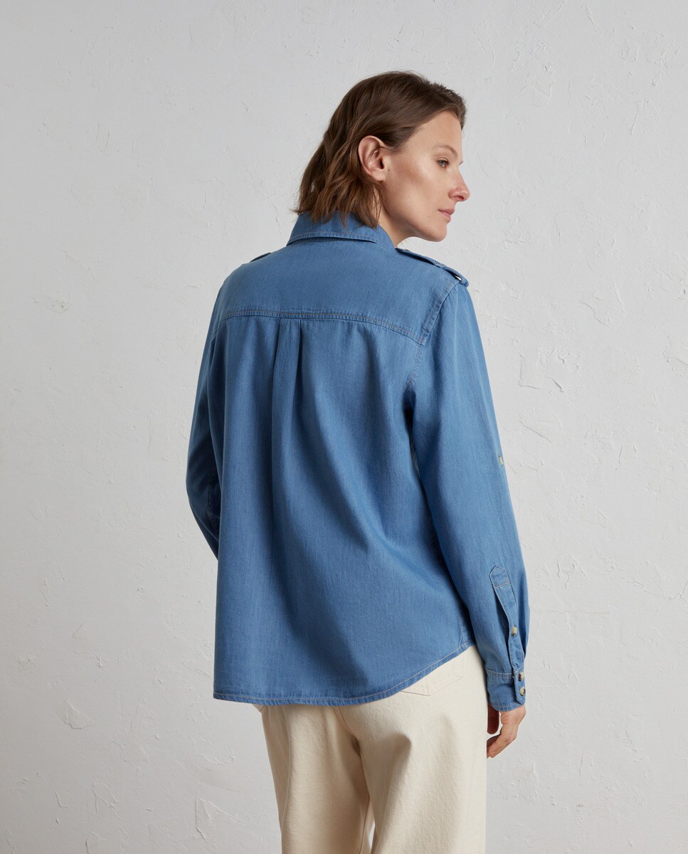 Blusa de Manga Curta com Bolsos à Frente Azul-3