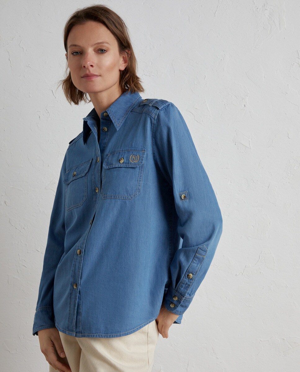 Blusa de Manga Curta com Bolsos à Frente Azul-2