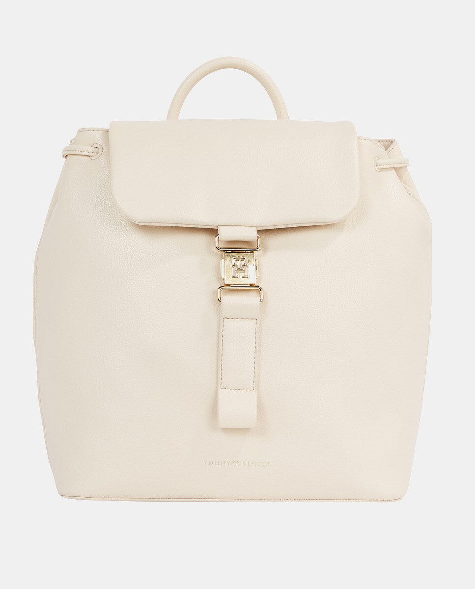 Sac à dos moyen en polyester recyclé écru à rabat