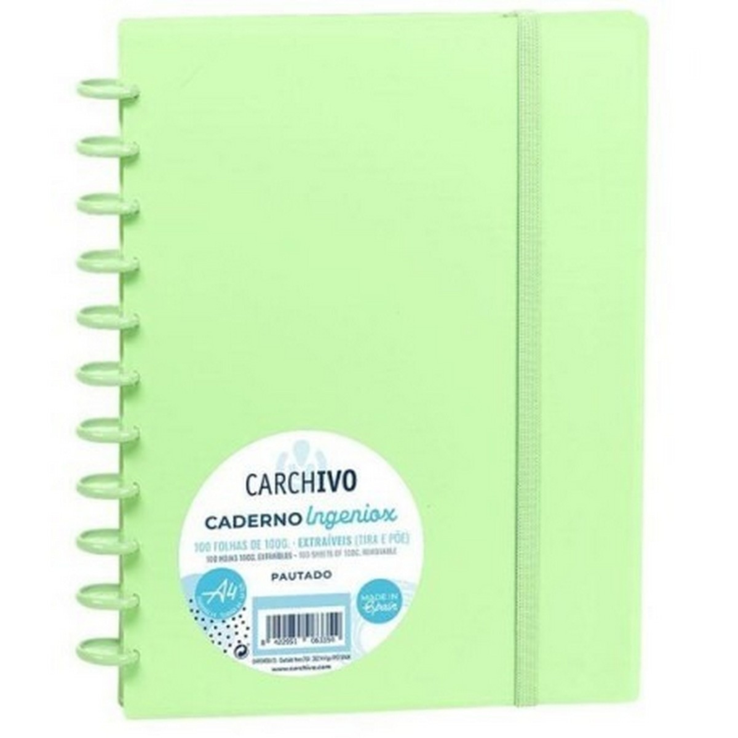 Caderno Ingeniox A4 Pautado 100FL Verde Pastel com Elástico 1