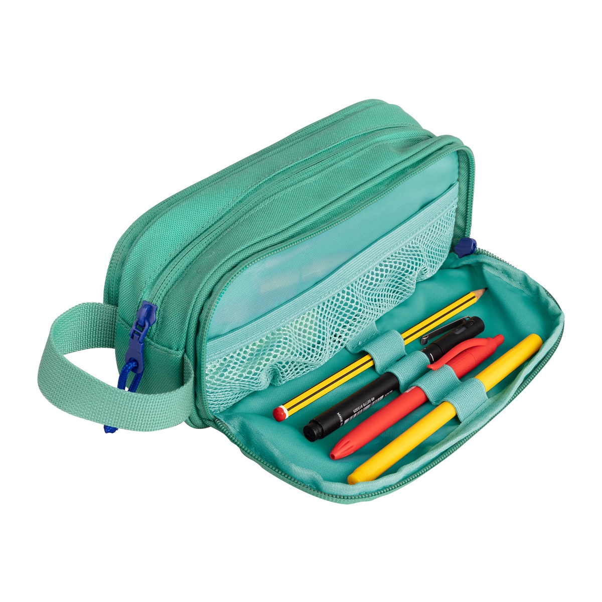 Estuche con 3 compartimentos malla interior asa y goma acoplable a cuadernos y carpetas fabricado con plástico reciclado b-smart Oxford ice mint 2