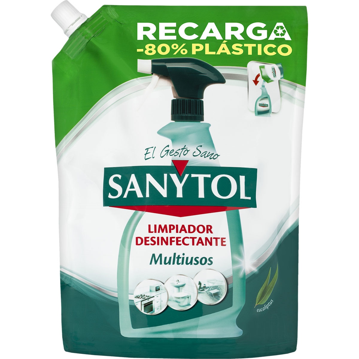 recarga limpiador desinfectante Multiusos sin lejía eucaliptus recambio 750 ml para todo tipo de superficies