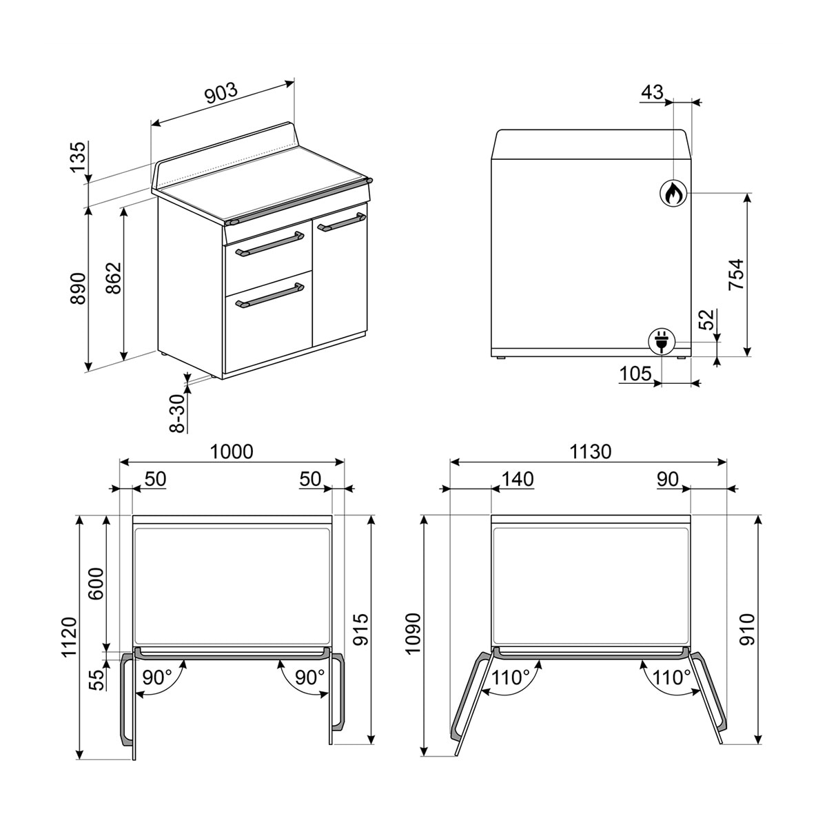 Cocina compacta Smeg placa de gas 6 quemadores y 3 cavidades de horno - TR93BL Negro-2