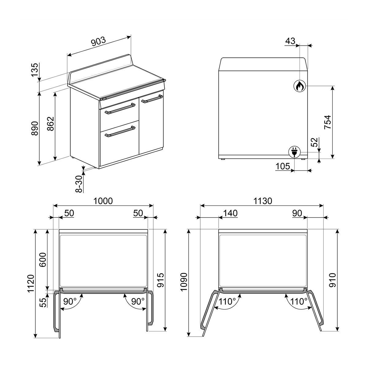 Cocina compacta Smeg placa de gas 6 quemadores y 3 cavidades de horno - TR93BL Negro-2