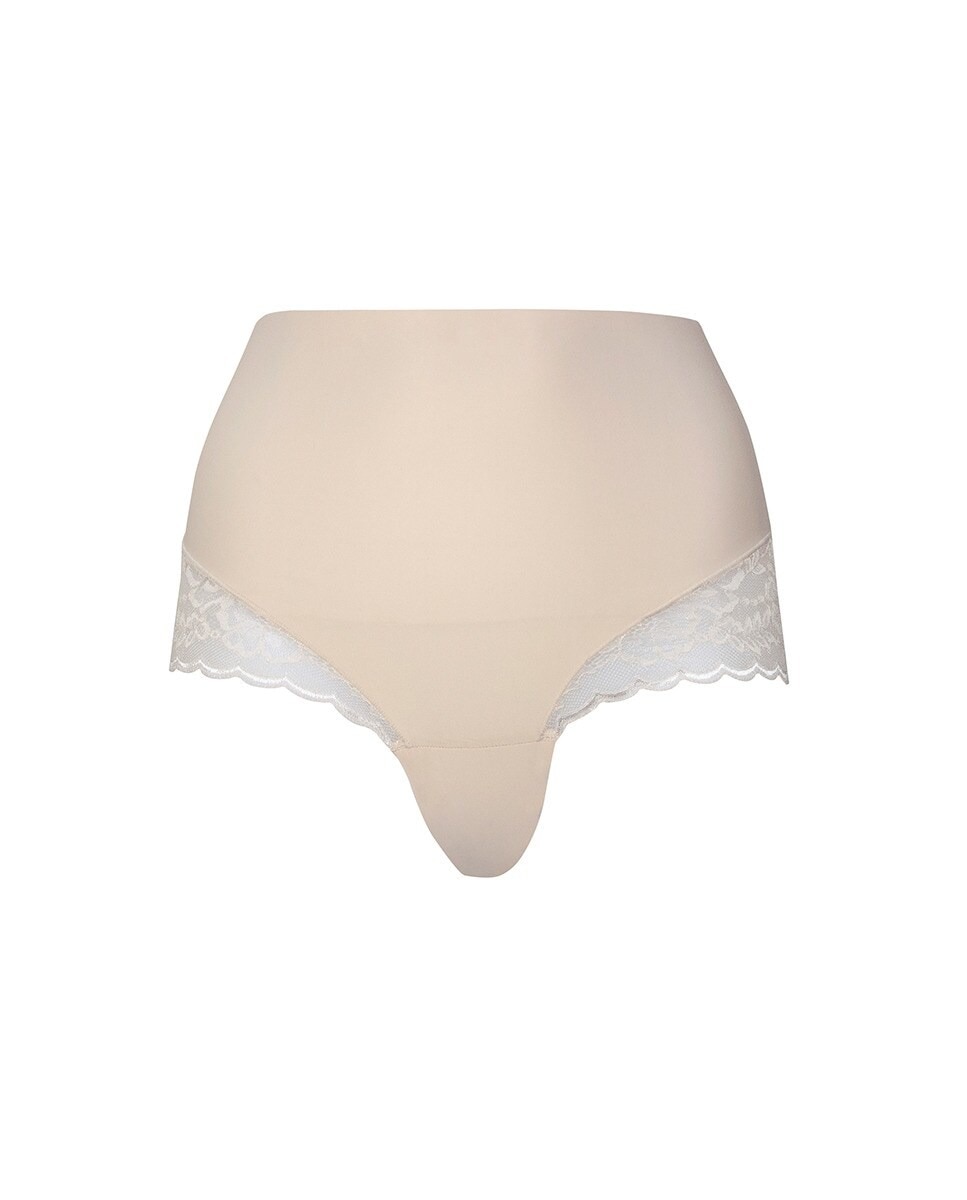 Cueca de Cintura Subida Tipo Cinta Tummy Shapewear de Renda Bege-3