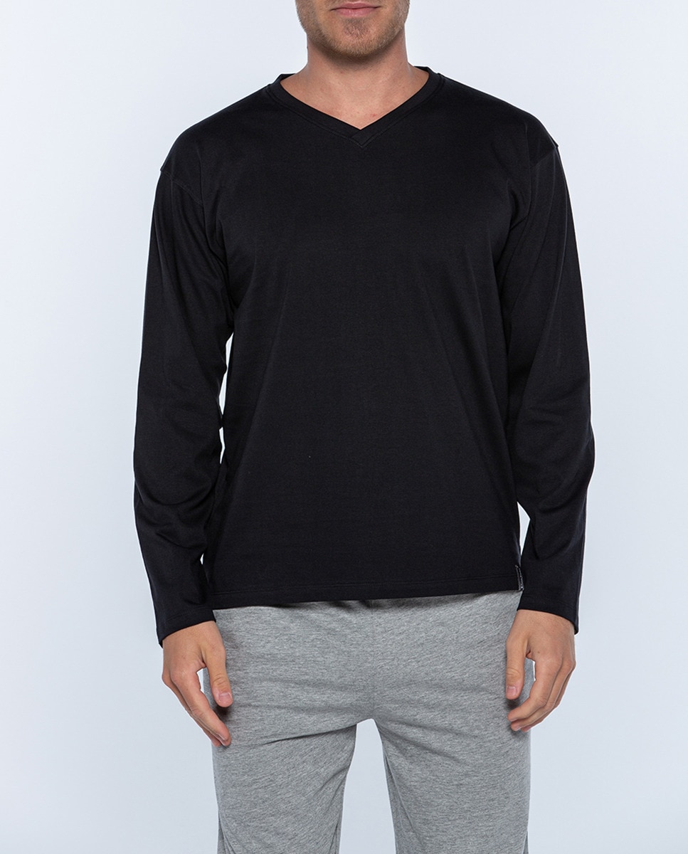 Camisola de Manga Comprida e Gola em Bico Basix Preto-1