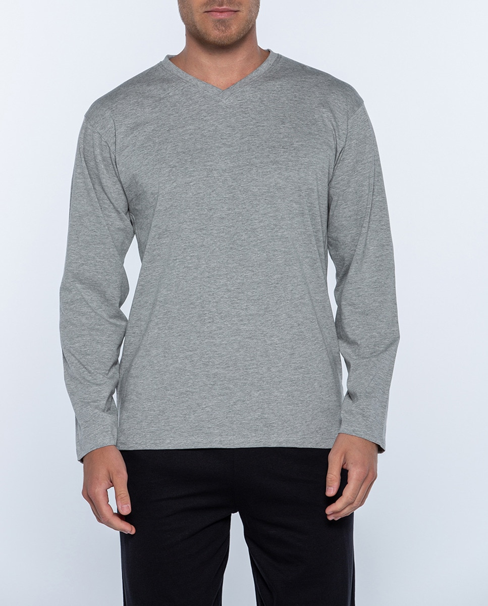 Camisola de Manga Comprida e Gola em Bico Basix Cinzento-1