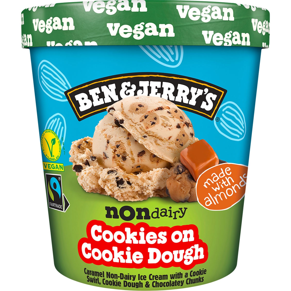 Non Dairy helado vegetal de caramelo con cookies y trocitos de chocolate tarrina 465 ml
