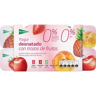 yogur con trozos de frutas 2 fresa + 2 manzana + 2 piña + 2 melocotón desnatado 0% m.g. 0% azúcares añadidos pack 8 unidades 125 g - El Corte Ingles