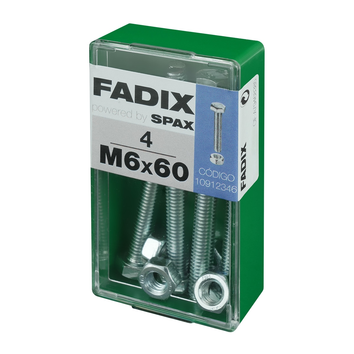Tornillo Cabeza Hexagonal + Tuerca M6 x 60 mm - Caja 4 Uds Zincado-2