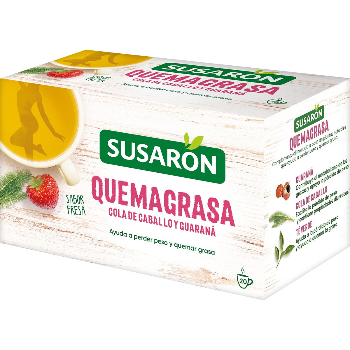 Quemagrasa tisana de cola de caballo, té verde y guaraná con sabor a fresa estuche 20 bolsitas