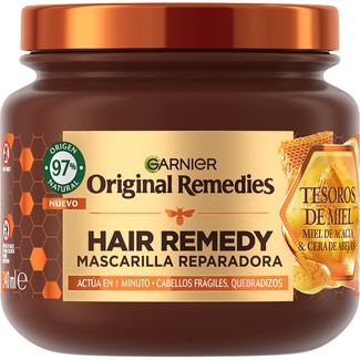 Hair Remedy mascarilla de pelo reparadora Tesoros de Miel tarro 340 ml con miel de acacia y cera de abejas, para cabello dañado y quebradizo - Original Remedies