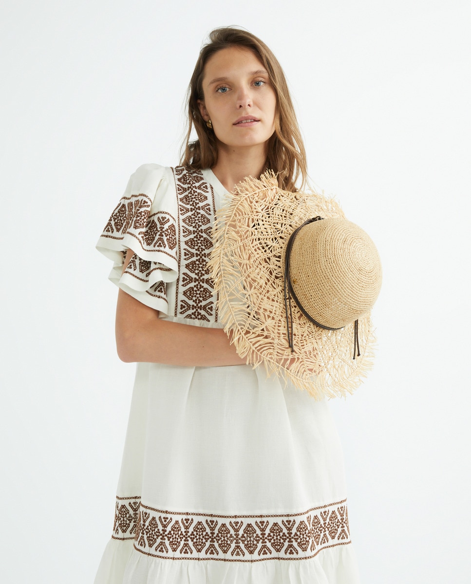 Chapéu de Palha com Copa e Aba Bicolor e em Ráfia - Bege Bege-3