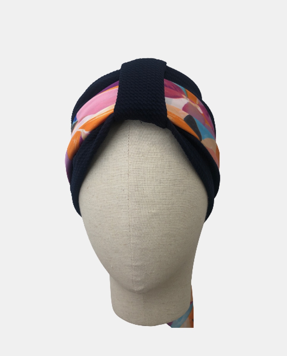 Turbante preto com lenço plissado Azul-marinho-1