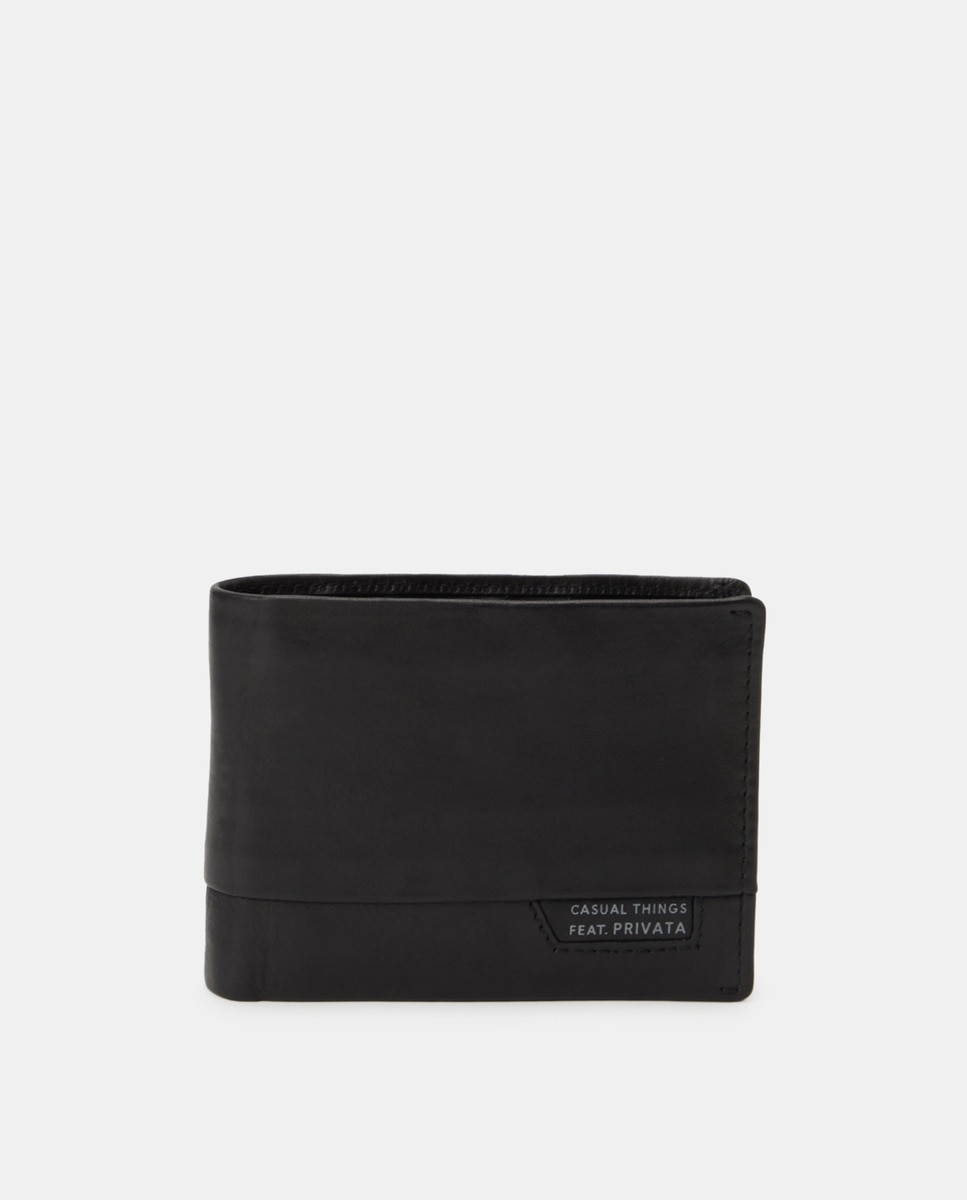 Carteira Horizontal com Porta-Moedas e em Pele - Preto Preto-1