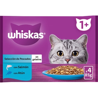 comida húmeda en gelatina para gatos con salmón 2 sobres 85 g con atún 2 sobres 85 g - Whiskas