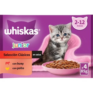 Junior comida húmeda en gelatina para gatos cachorros con pollo 2 sobres 85 g con buey 2 sobres 85 g - Whiskas