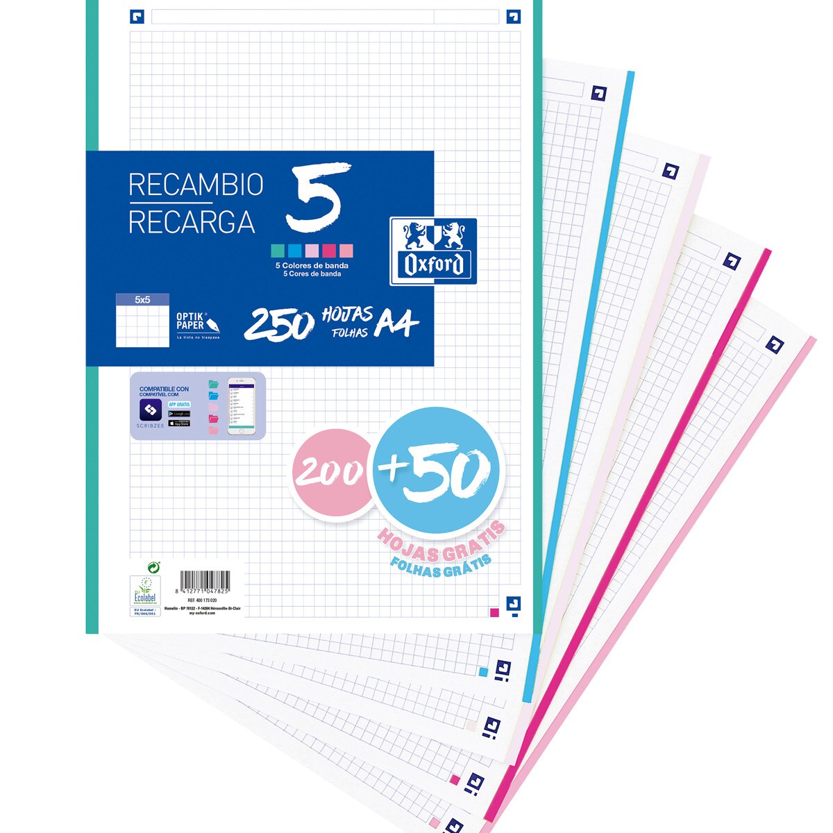 Recambio 5 paquete con 200+50 hojas cuadrícula 5x5 papel optikpaper con 5 colores banda pastel Oxford Multicolor-1