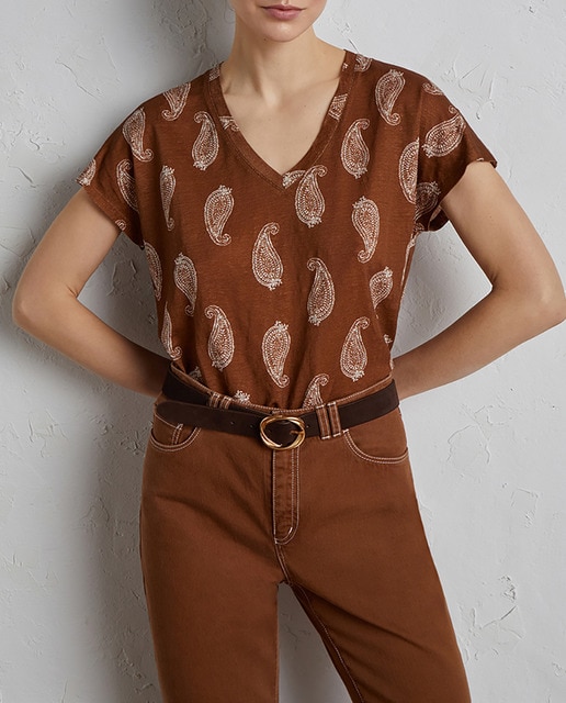 Imagen 0 de Camiseta de mujer estampada de 100% lino