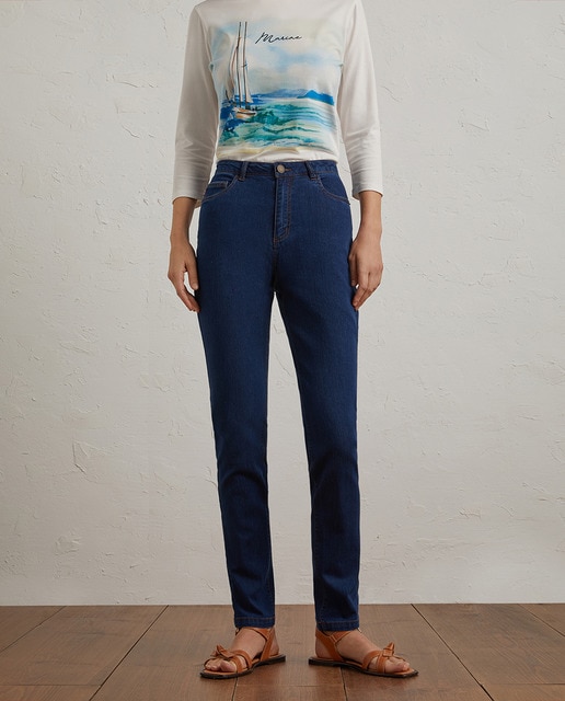 Imagen 0 de Vaquero pitillo de mujer con detalle de cinta tricolor