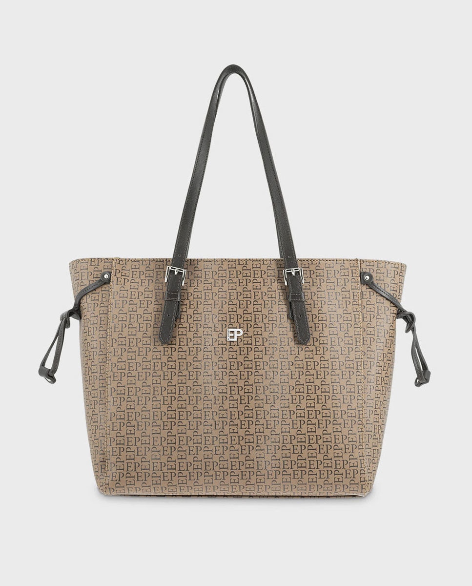 Grand sac cabas en toile et cuir de vachette gris à imprimé monogramme