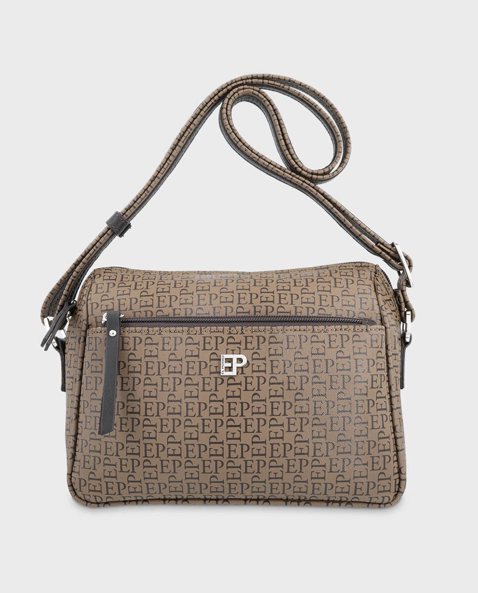 Sac à bandoulière en toile et cuir de vachette gris à imprimé monogramme