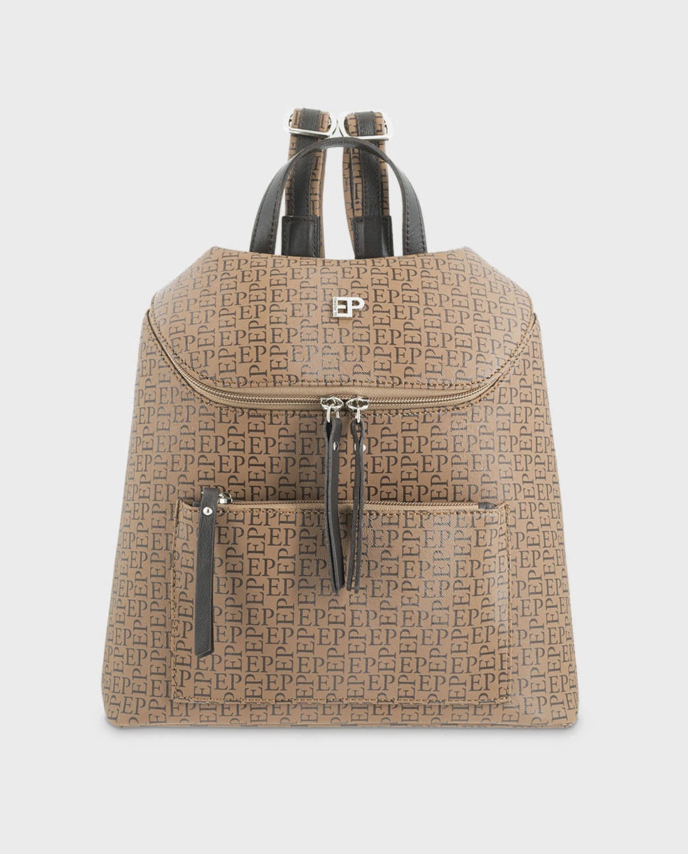 Sac à dos en toile et cuir de vachette gris à imprimé monogramme