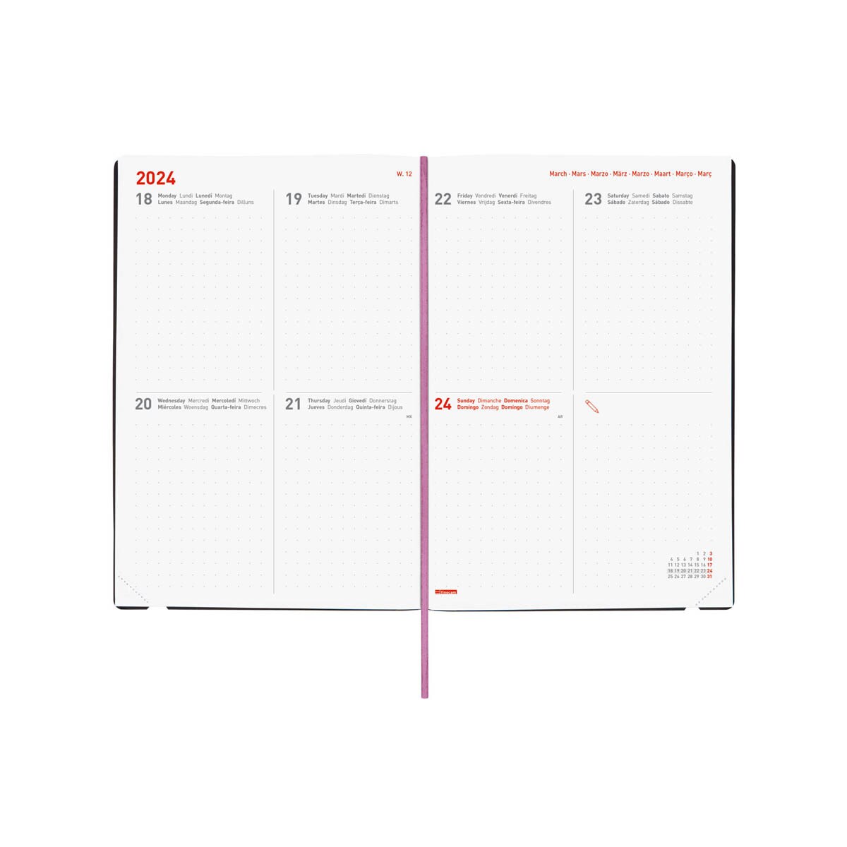 Agenda 16 meses septiembre 2023-diciembre 2024 Dotted Y10-140x204 semana vista horizontal Bloom Finocam multilingüe 5