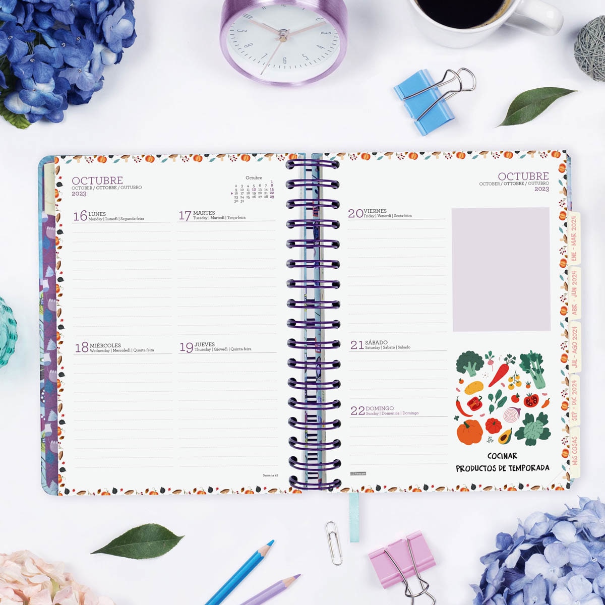Agenda 16 meses septiembre 2023-diciembre 2024 Vitae 1/4-155x217 semana vista horizontal Finocam azul multilingüe 3