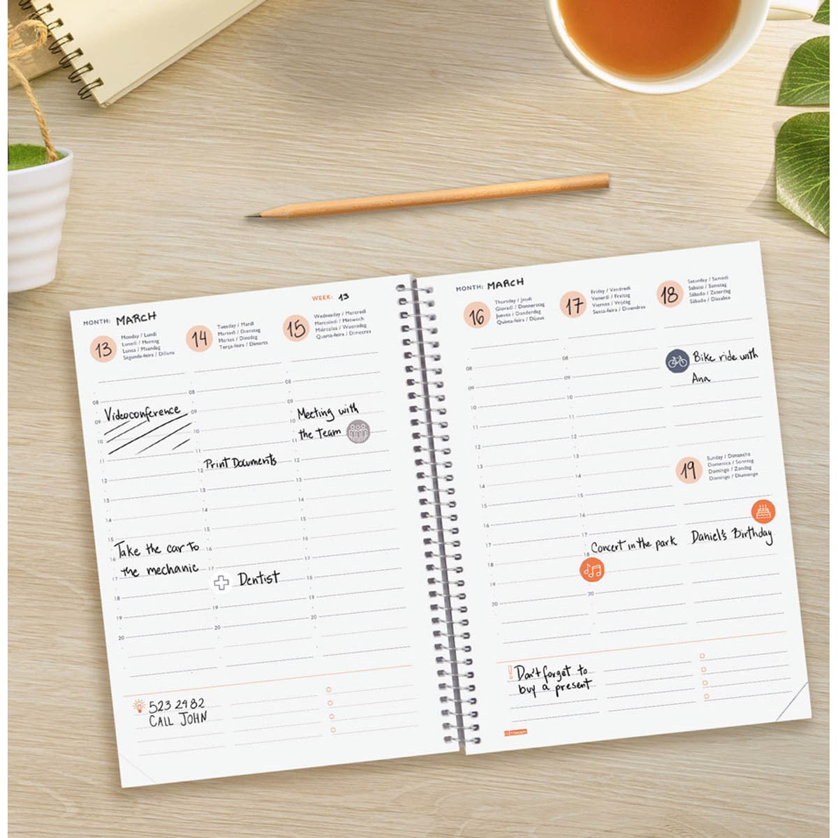 Agenda sin fechar Mytime E10 - 155x212 mm semana vista vertical Finocam internacional multilingüe 4