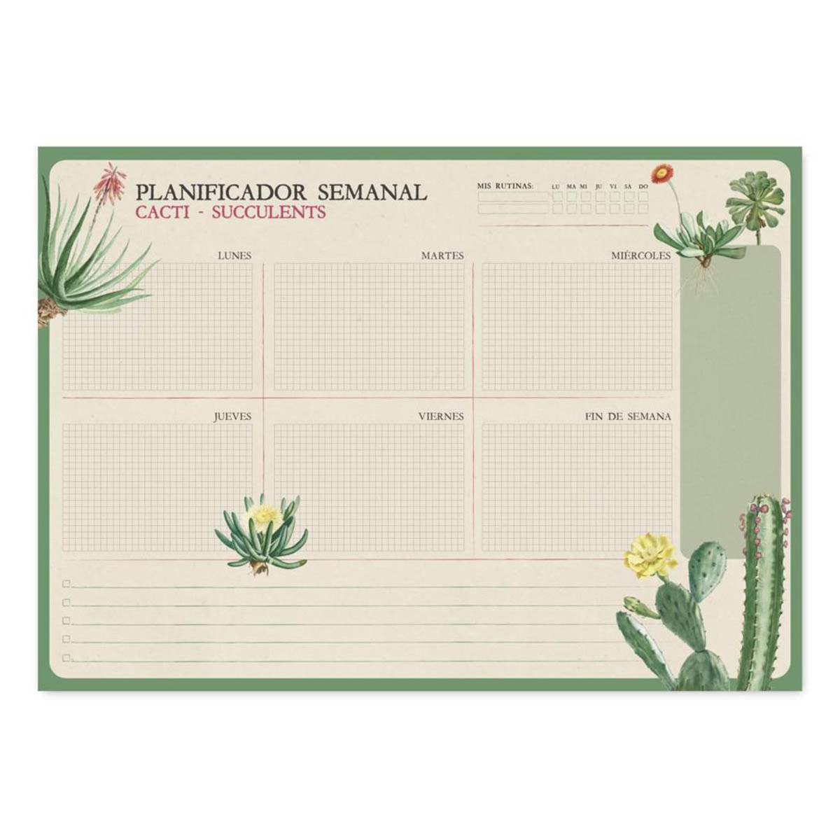 Bloco Planificador Semanal Botanical Cacti Espanhol A4 - Verde e Bege Verde / Bege-1