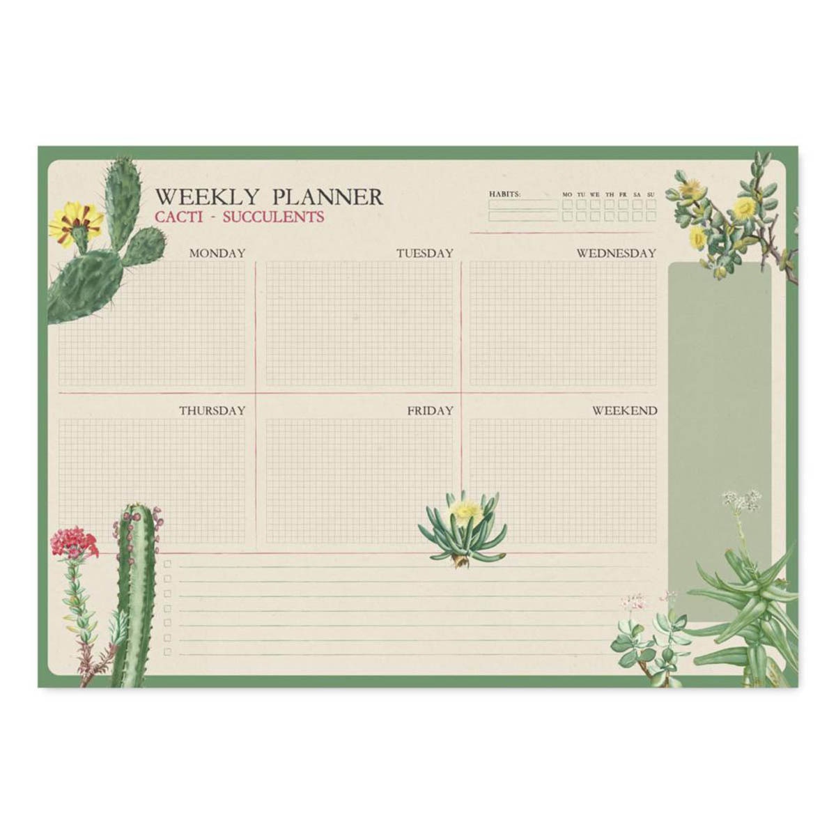 Bloco Planificador Semanal Botanical Cacti Inglês A3 - Branco Branco / Verde-1