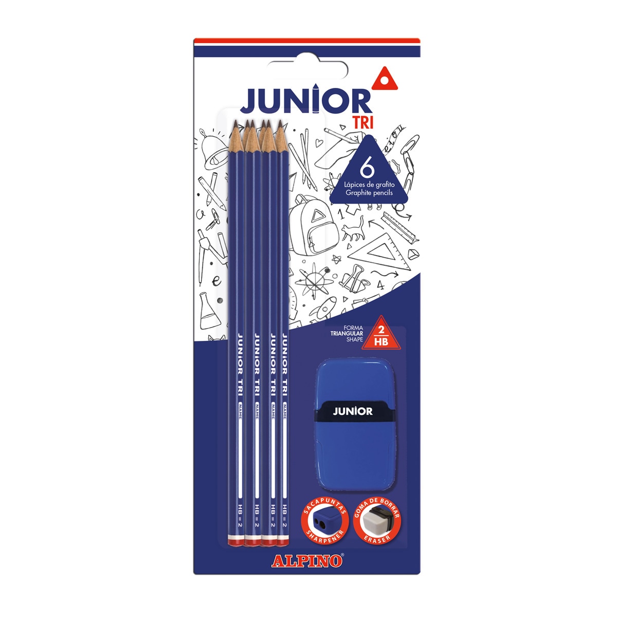 Imagen 0 de Blister 6 lápices grafito + duo sacapuntas goma de borrar Junior Tri Alpino