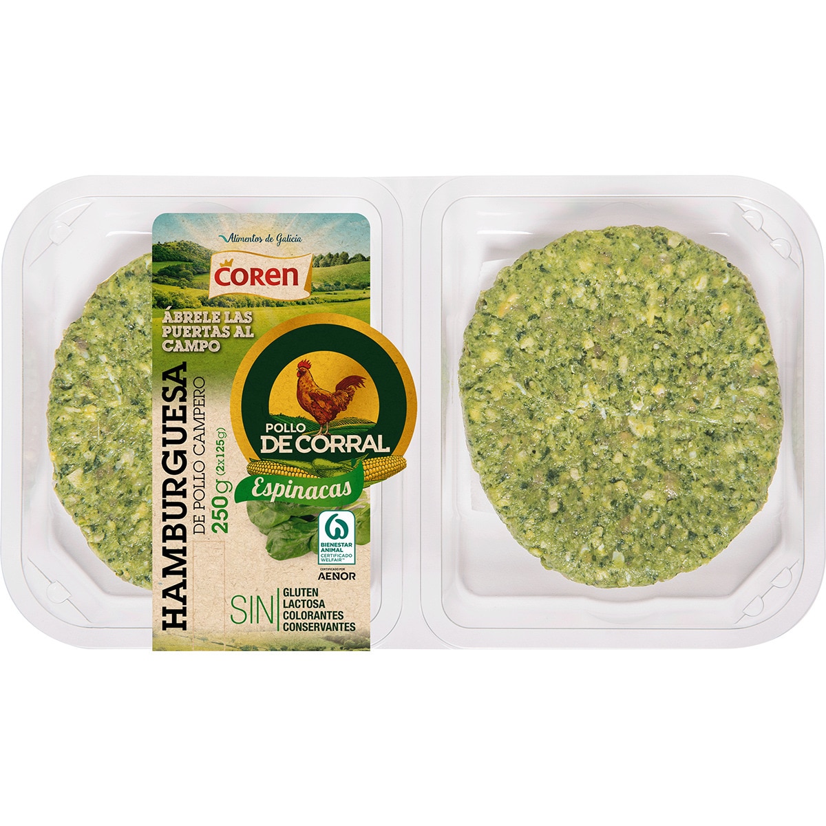 hamburguesa de pollo campero con espinacas sin gluten y sin lactosa 2 unidades bandeja 250 g