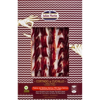 paleta de bellota ibérica 75% raza ibérica cortado a cuchillo en lonchas envase 100 g - Julian Martin