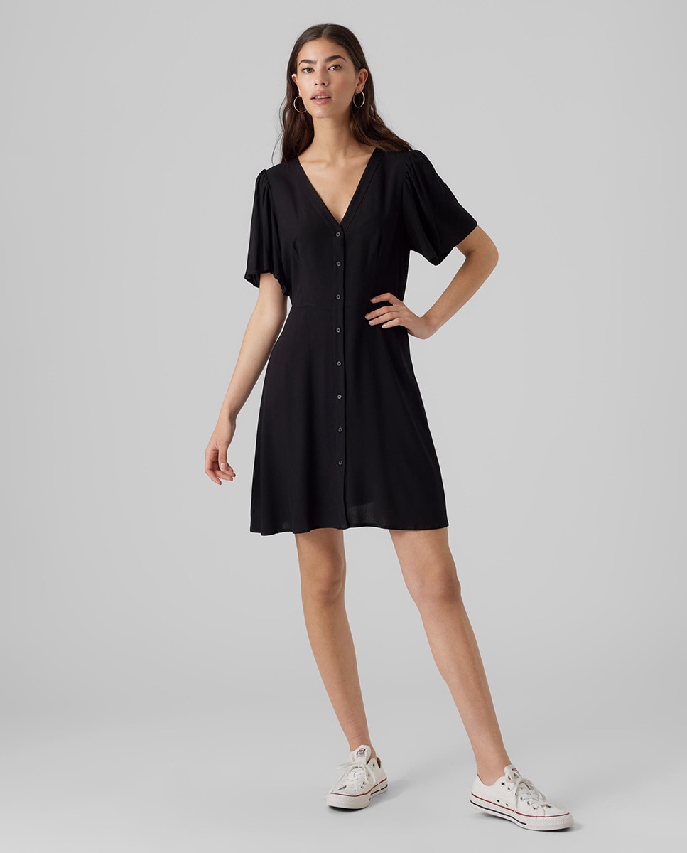 Vestido curto com botões Preto-1