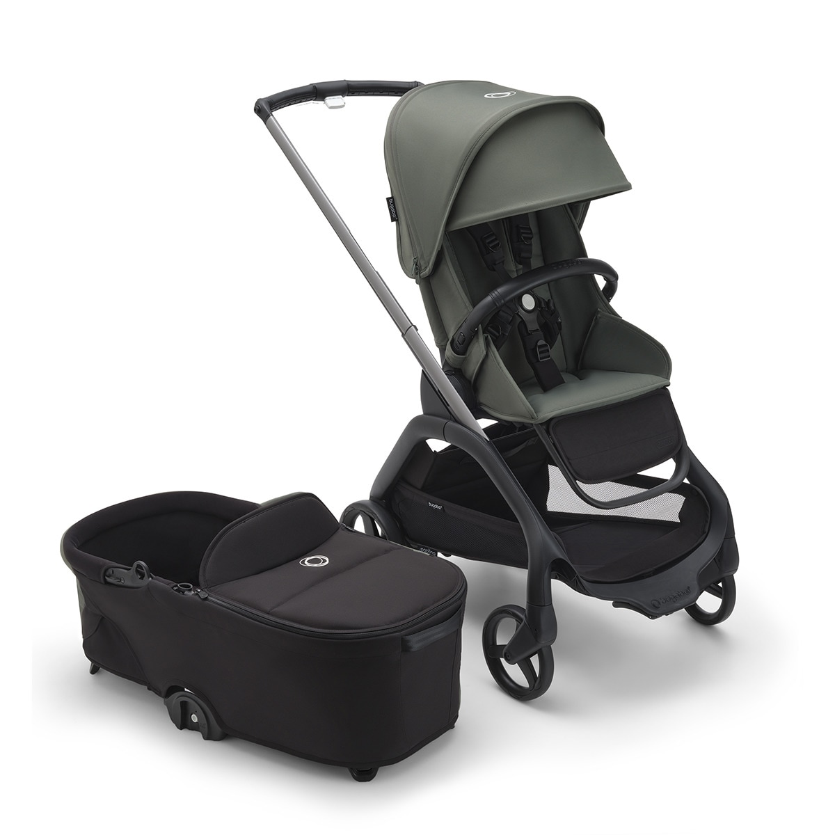 Carro de bebé dúo Bugaboo Dragonfly grafito/verde bosque completo con Capazo negro medianoche Verde-1