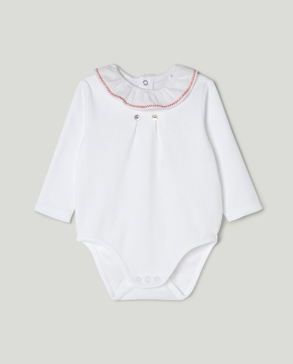 Body manches longues en maille interlock collerette avec broderie contrastante sur le bord