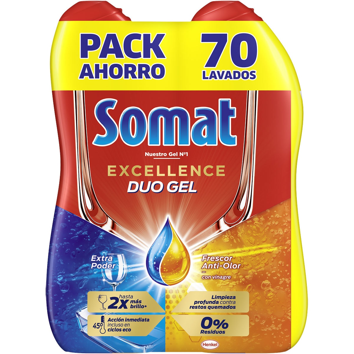 detergente lavavajillas Excellence duo gel extra poder y frescor anti-olor pack 2 botellas 35 dosis