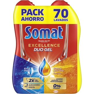 detergente lavavajillas Excellence duo gel extra poder y frescor anti-olor pack 2 botellas 35 dosis - Somat