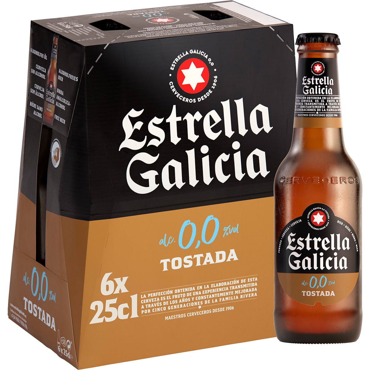 Cerveja de Espanha Tostada sem Álcool Pack 6 unidades garrafa 25 cl